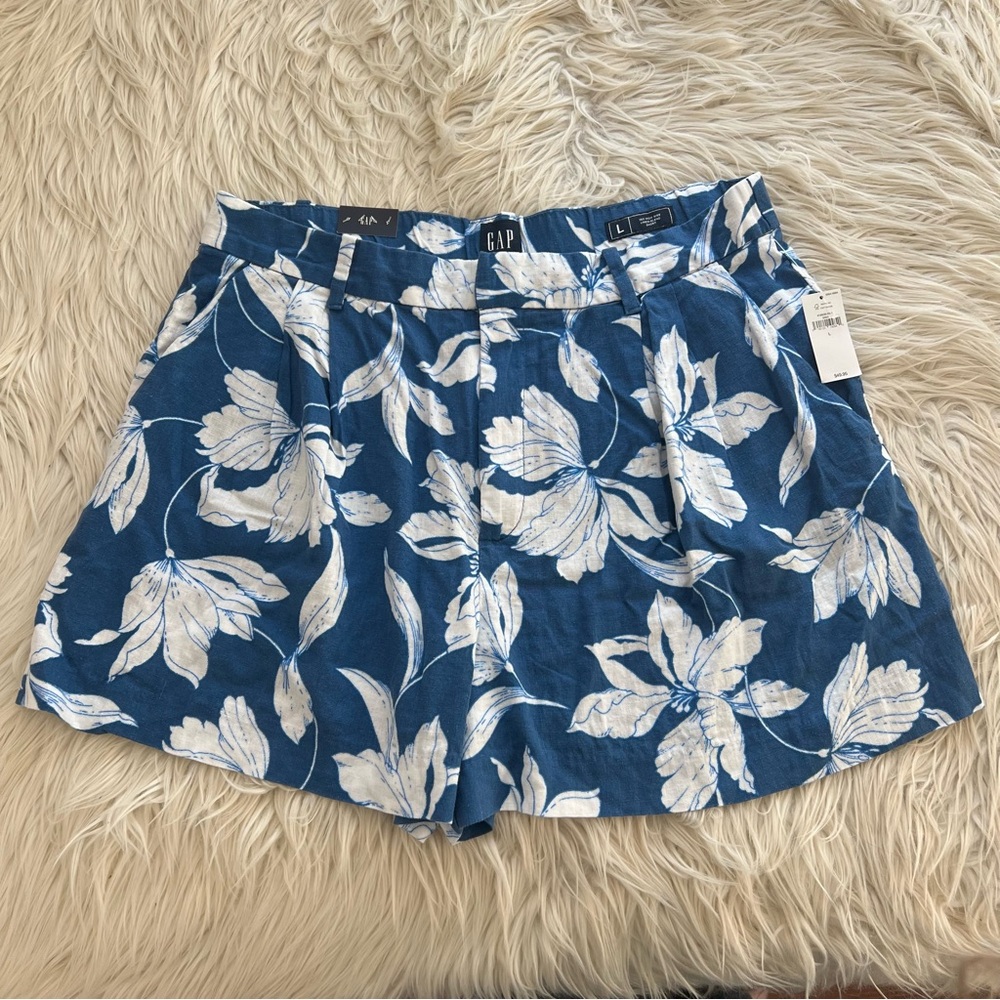 GAP 365 High Rise Linen Blend Shorts Blue Hibiscus Floral NWT Women’s Size L